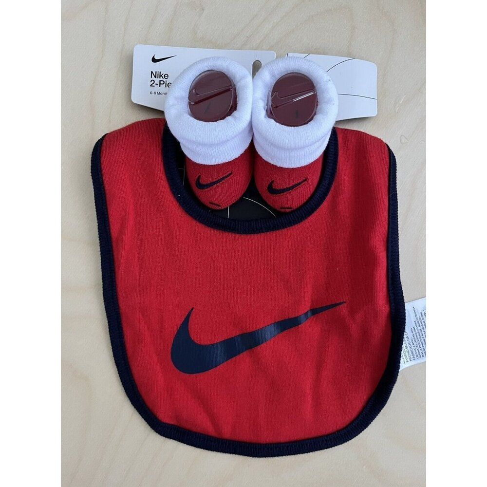 Nike Baby Red Blue Cotton Cuffed Ribbed Trim Swoosh Logo Bib Booties Set 0-6 MO